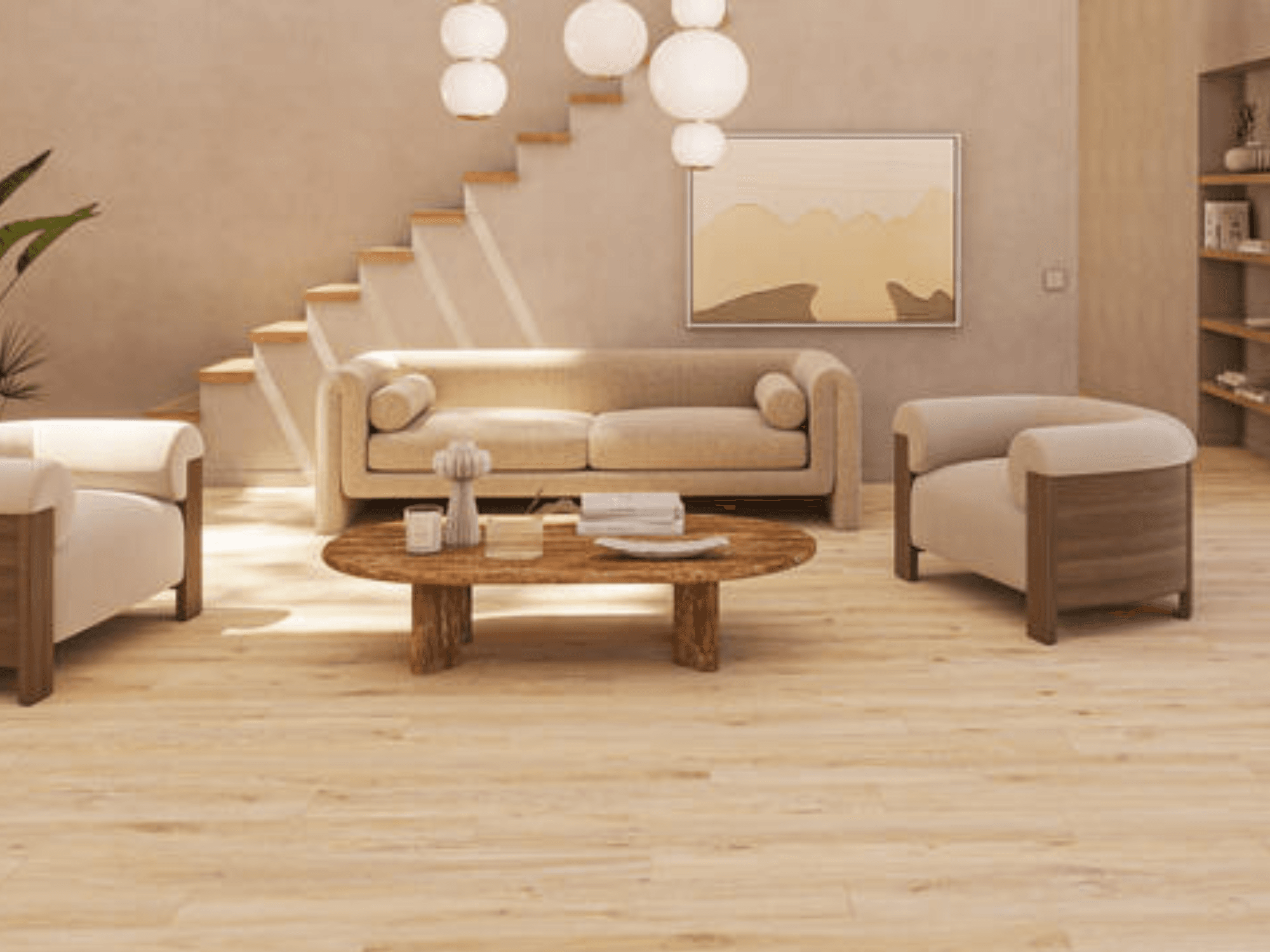 Styled living room with warm timber-effect flooring